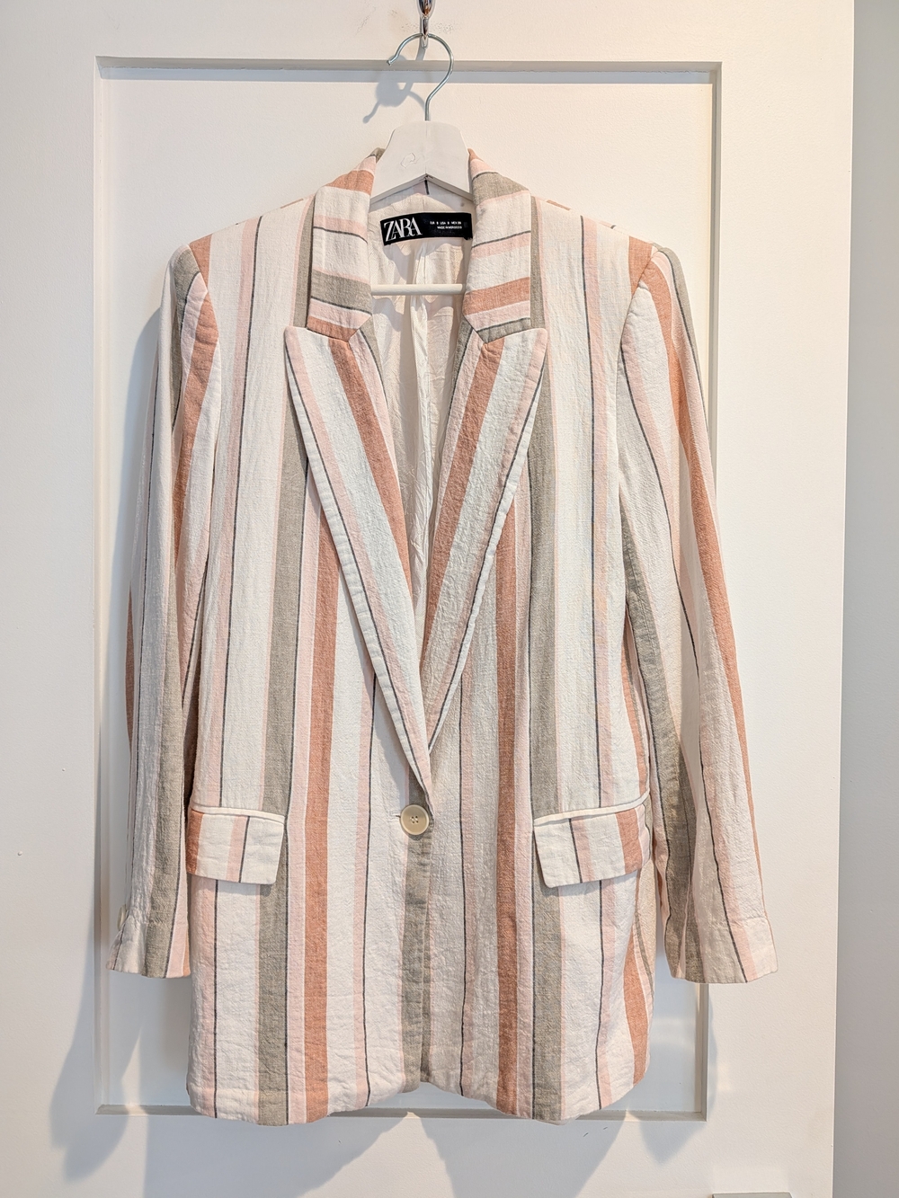 Zara Linen Blend Striped Blazer Small Pink Beige Oversized Longline Jacket
